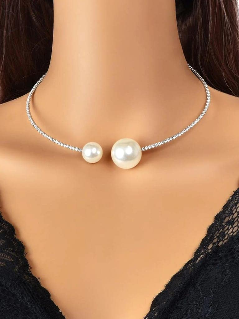 LUCKY JEWELLERY Designer Silver Plating Pearl and Stone Choker Hasli Necklace Set With Earrings For Women & Girls (228-CHSM-1142-S) view 2