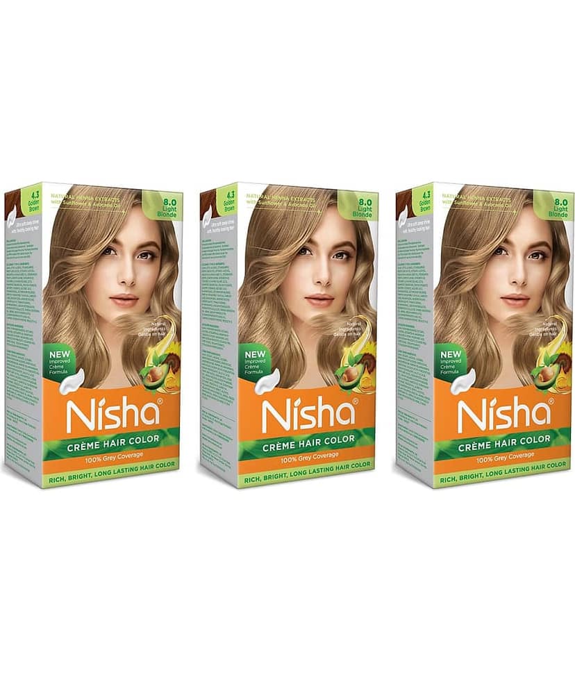 Nisha Creme Hair Color 8.0 Light Blonde 120g Pack of 3, Permanent Hair Colour for Long Lasting Hair, 100% Grey Coverage