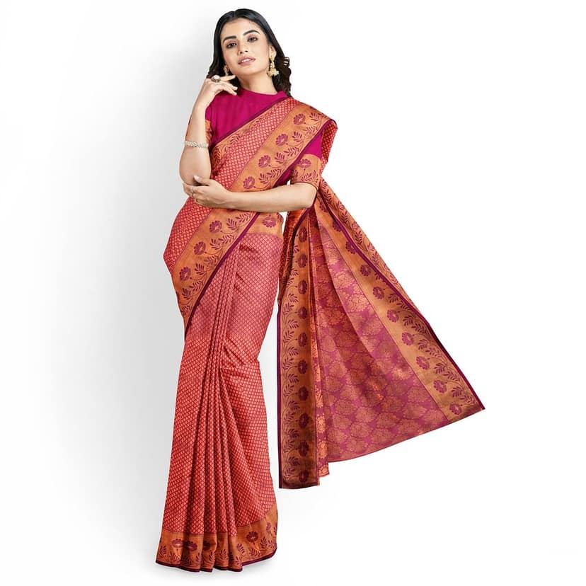 Rani Pink Color Double Shaded Zari Woven Saree with Unstitched Blouse view 2