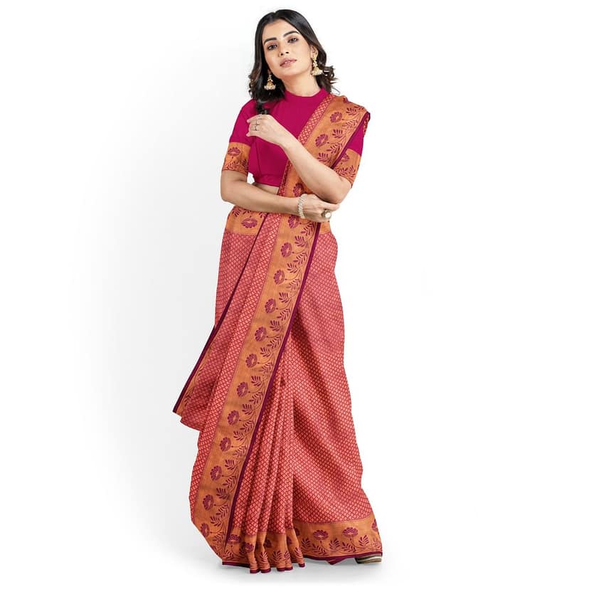 Rani Pink Color Double Shaded Zari Woven Saree with Unstitched Blouse view 4