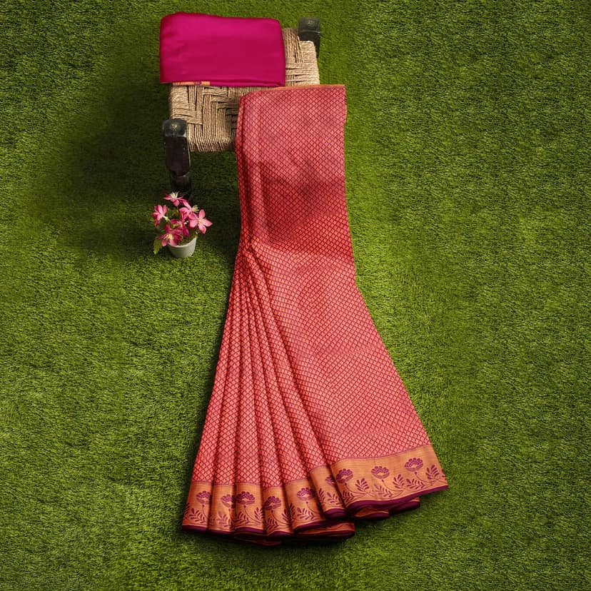 Rani Pink Color Double Shaded Zari Woven Saree with Unstitched Blouse view 5