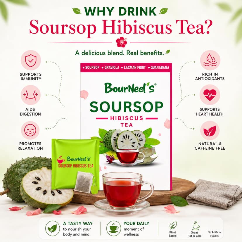 BourNeel's® Soursop Hibiscus Tea Box (20 Bags) |Dipping Tea Bags | Combination of Dry Soursop/Graviola Leaves & Dry Hibiscus petals | No Preservatives | Graviola Laxman Phal Dry Leaves | High Vitamin C | Kadha Tea | view 3