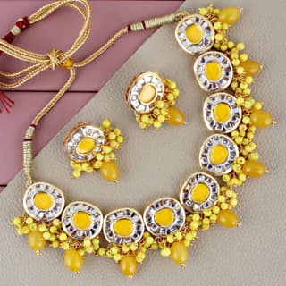 Lucky Jewellery Meenakari 18k Gold Plated Yellow Color Earring Combo Uncut Big Faux Kundan Necklace set (1010-J5SK-1816-Y)