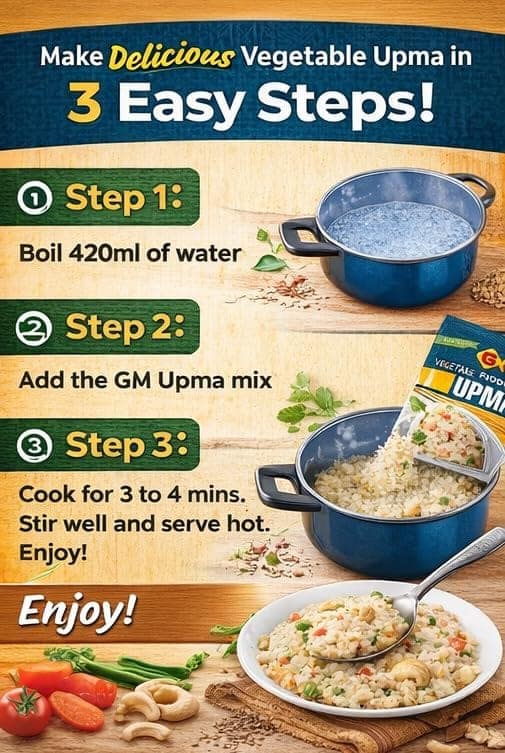 GM Foods Vegetable Upma Mix 400g (Pack Of 3) | Authentic Indian Flavor | Roasted & Seasoned Semolina | Ready To Cook Breakfast | Instant Rava Upma | No Added Colours & Preservatives view 4