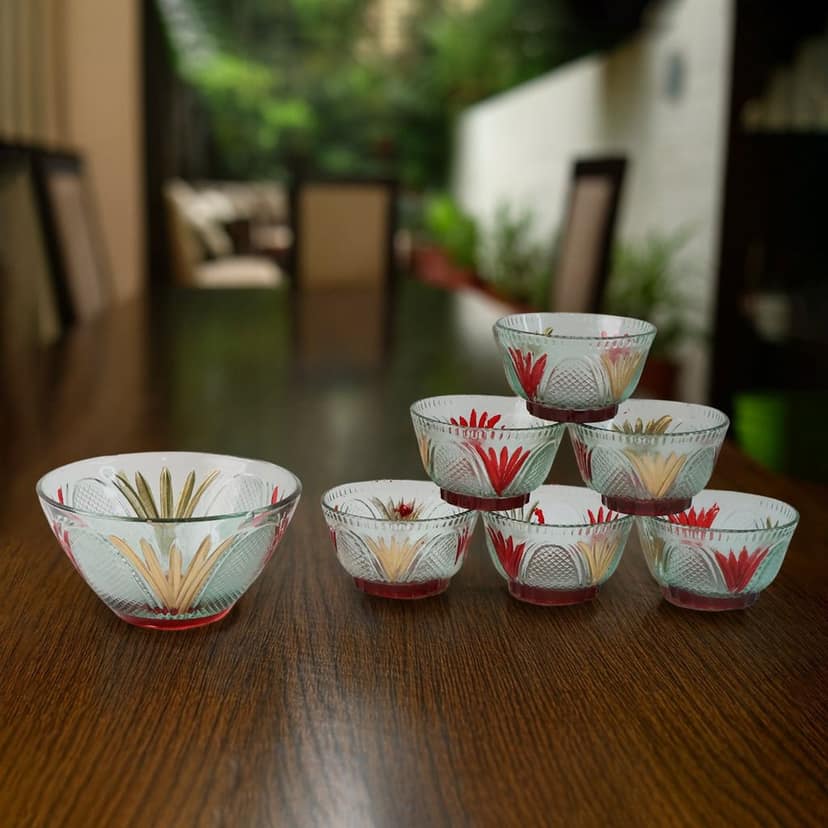 Glass Dessert Bowl Set – 7 Pc Rose Design view 2