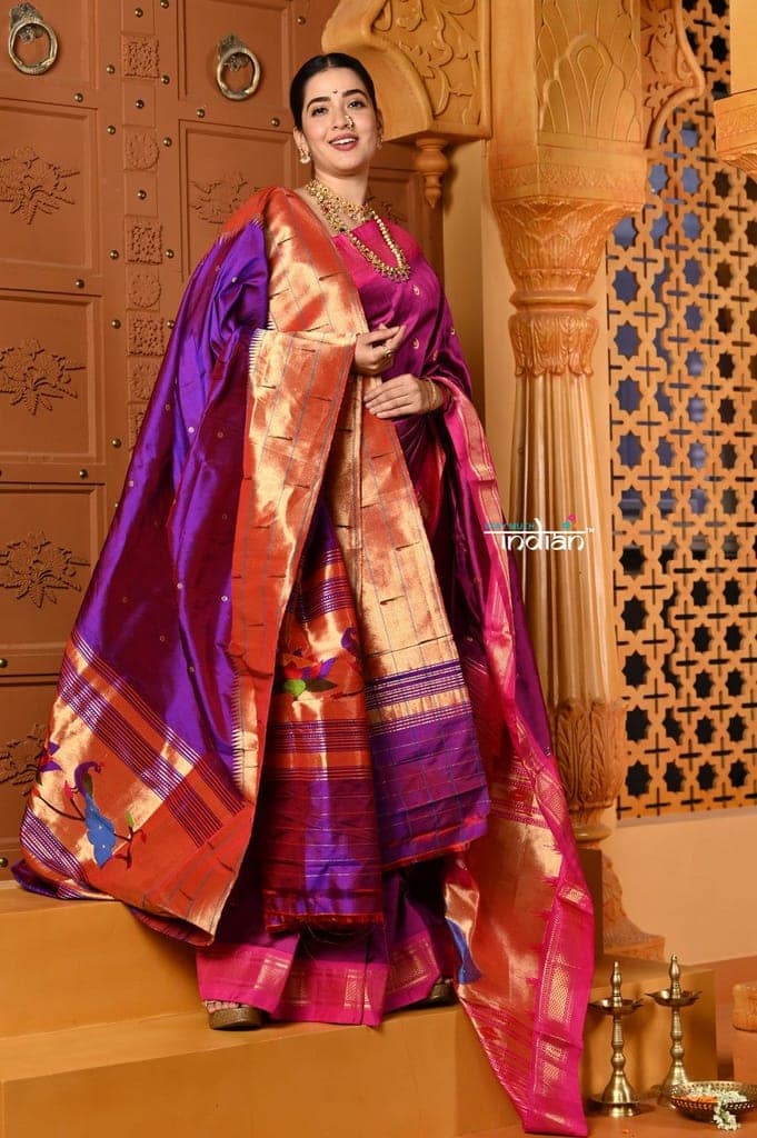 Shubh ~ Pure Silk Dupatta with Signature Triple Muniya Border in Dual Tone Pink Purple view 3