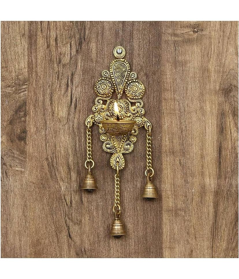 eCraftIndia Gold-Toned Handcrafted Antique Finish Diya with Bells Decorative Wall Hanging Showpiece