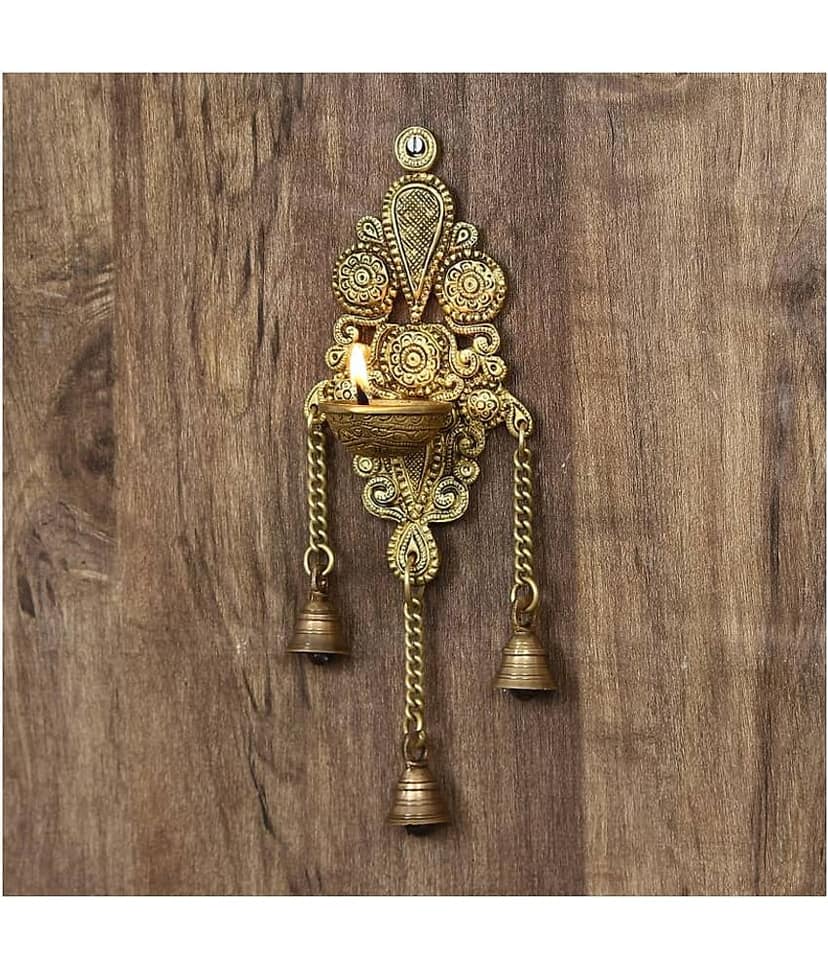 eCraftIndia Gold-Toned Handcrafted Antique Finish Diya with Bells Decorative Wall Hanging Showpiece view 2