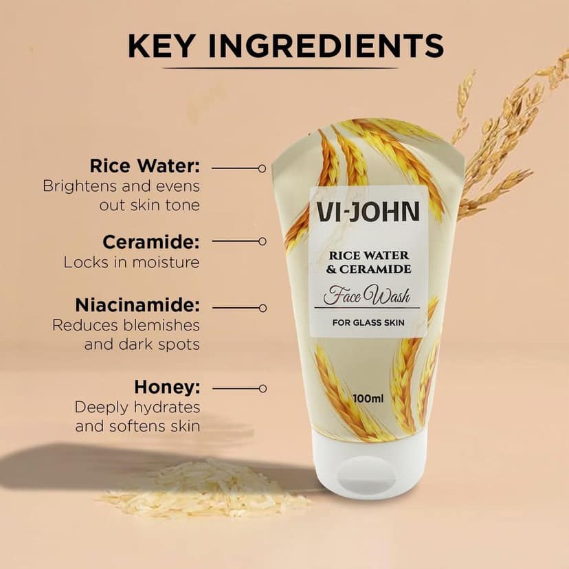 VI-JOHN Rice Water & Ceramide Face Wash | for Hydrated, Smooth & Glowing Skin 100ml view 3
