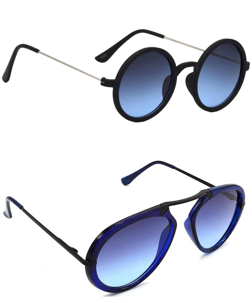 HRINKAR Unisex Round Sunglasses Multicolor & Grey Frame, Blue & Clear Lens (Medium) - Pack of 2