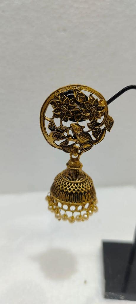 "Golden Peacock Jhumka Earrings with Pearl Drops" view 2