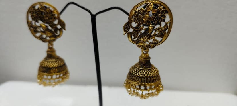 "Golden Peacock Jhumka Earrings with Pearl Drops" view 3
