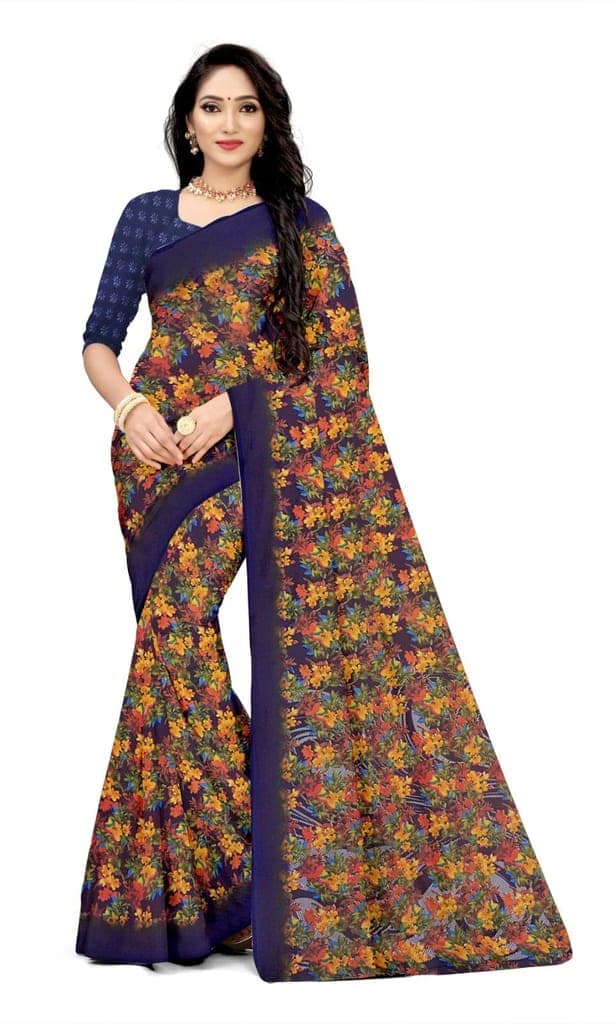 KHUSHBOO DESIGNERS Women's Solid Georgette 5.5 Meter Saree with Unstitched Blouse Piece Festive||Party [Blue] view 2