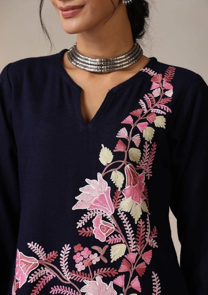 HOC Crafts Aari Embroidered Woollen Solid Women's Short Kurta - Navy Blue view 4