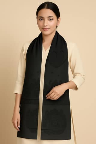 Handcrafted Madhubani Art Silk Stole – Black