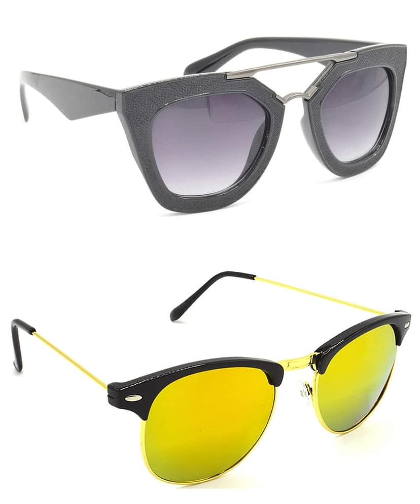 Hrinkar Unisex Rectangular Sunglasses Black & Golden Frame, Grey & Golden Lens (Medium) - Pack of 2