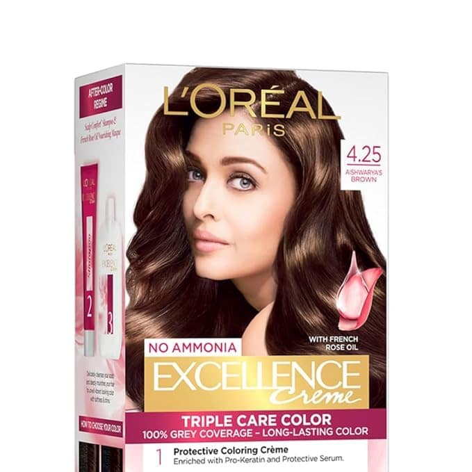 L'Oreal Paris Permanent Hair Colour, Radiant At-Home Hair Colour with up to 100% Grey Coverage, Pro-Keratin, Up to 8 Weeks of Colour, Excellence CrÃƒÂ¨me, 4.25 Aishwarya'S Brown, 72ml+100g