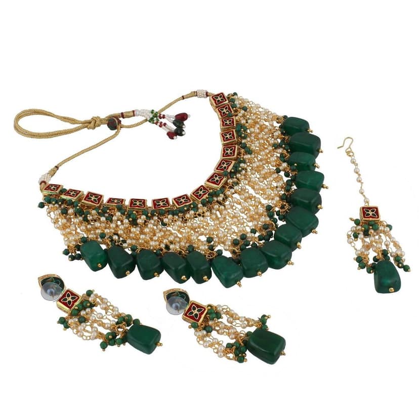 LUCKY JEWELLERY Back Meenakari 18k Gold Plated Green Color Tika Earring Combo Uncut Big Faux Kundan Choker Necklace set view 5