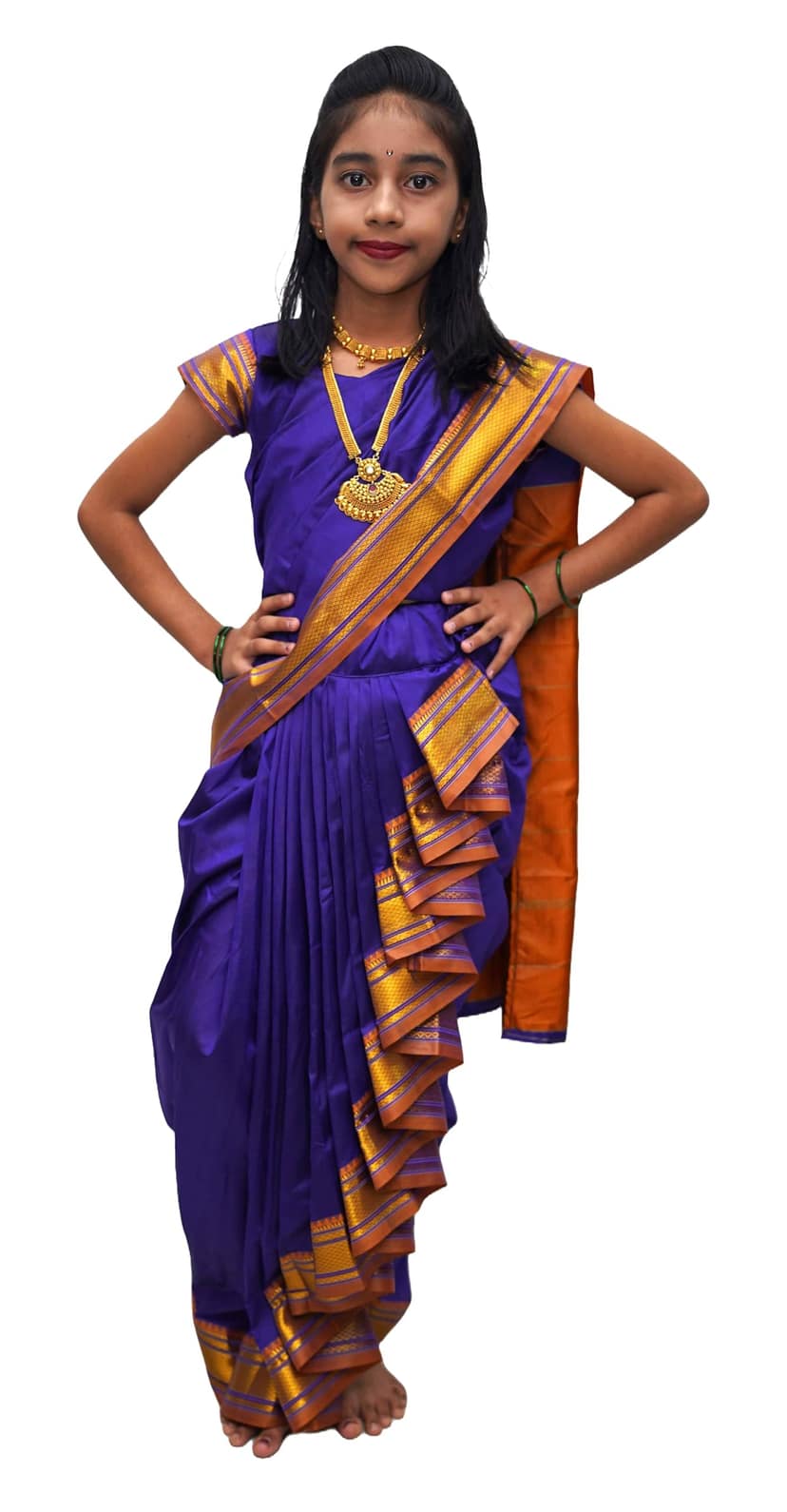 luster Shahi Mastani Nauvari saree for kids/girls Ready-to-wear with a stitched blouse, Traditional Maharashtrian Marathi saree, for School program ganpati pujas festival (Blue, 12-13 Years)