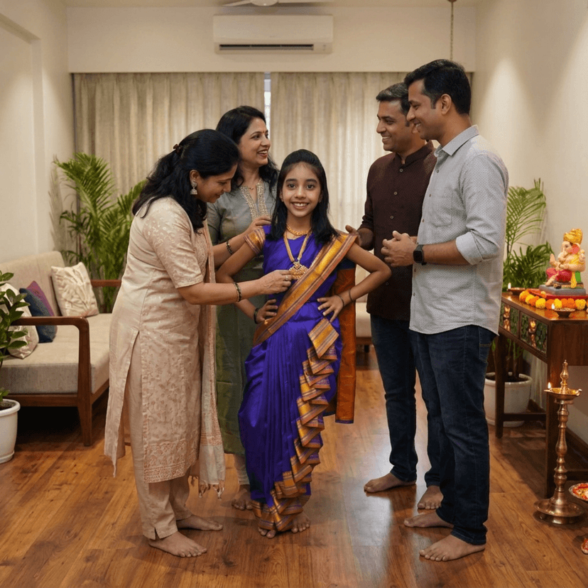 luster Shahi Mastani Nauvari saree for kids/girls Ready-to-wear with a stitched blouse, Traditional Maharashtrian Marathi saree, for School program ganpati pujas festival (Blue, 12-13 Years) view 3
