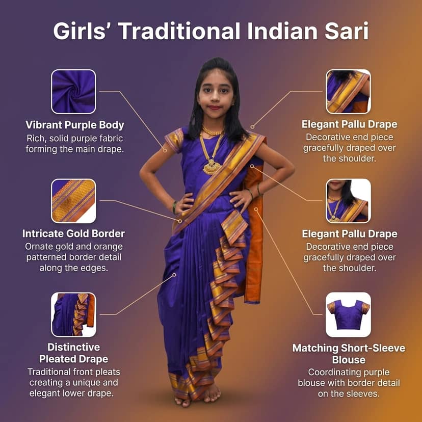 luster Shahi Mastani Nauvari saree for kids/girls Ready-to-wear with a stitched blouse, Traditional Maharashtrian Marathi saree, for School program ganpati pujas festival (Blue, 12-13 Years) view 4