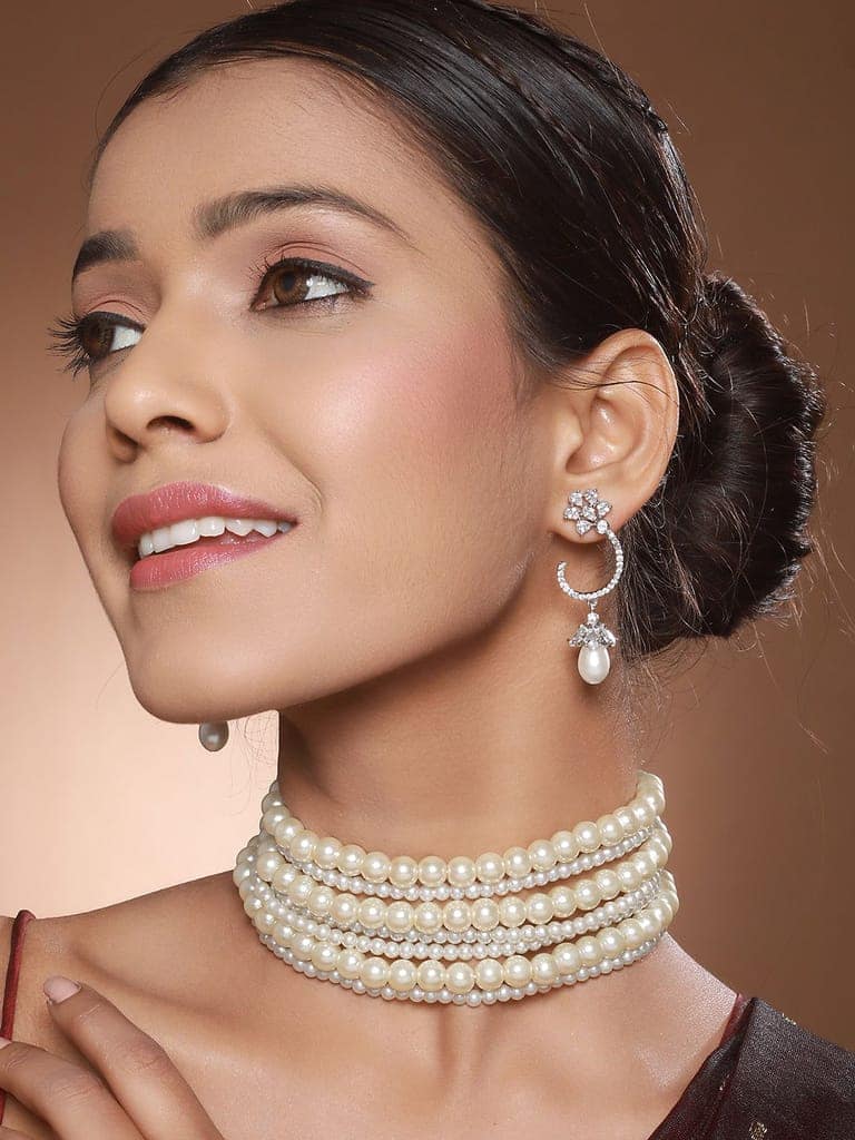 Pearl Beaded 7 Layered Minimal Luxe Choker with AD Earrings Jewellery Set view 2