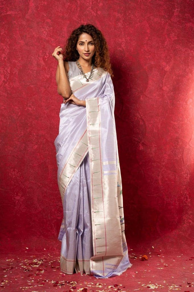 Exclusive Muniya Border - Authentic Handloom Pure Silk Muniya Border Paithani With Tissue Lines and Grand Peacock Pallu ~ Lilac view 2