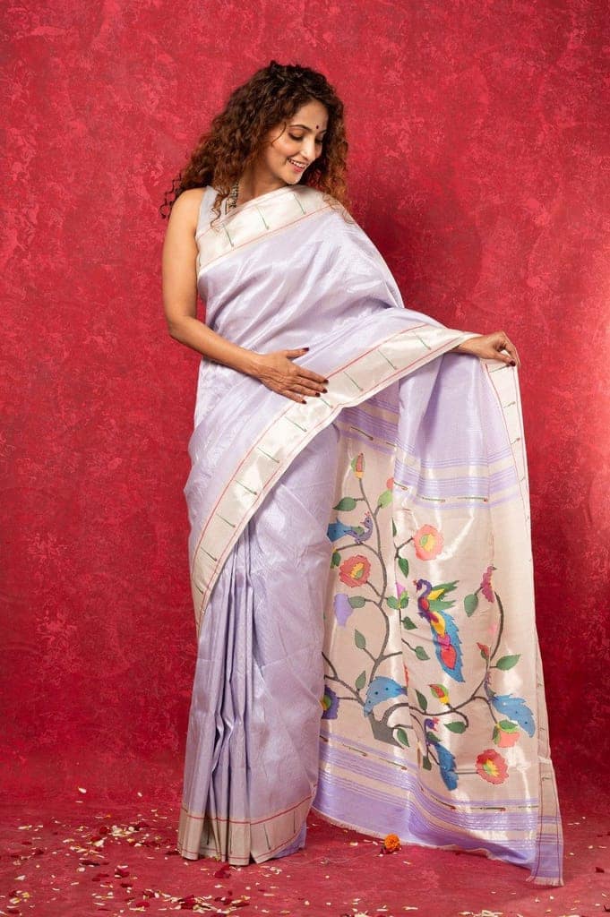 Exclusive Muniya Border - Authentic Handloom Pure Silk Muniya Border Paithani With Tissue Lines and Grand Peacock Pallu ~ Lilac view 4