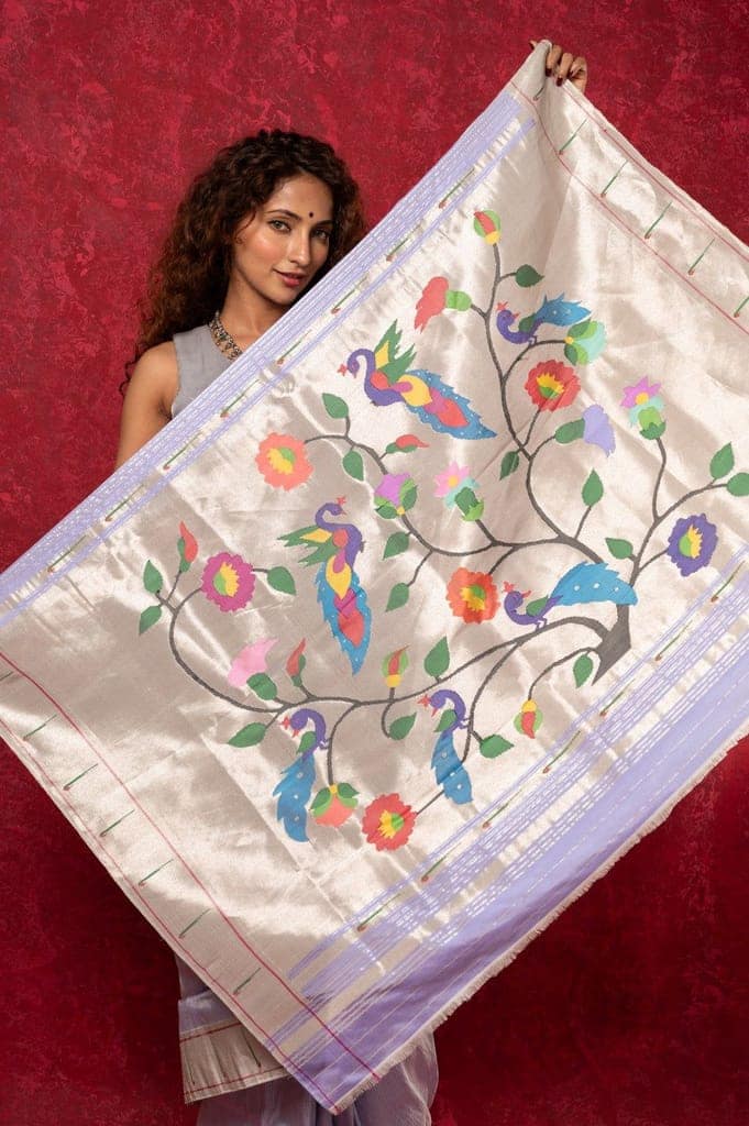 Exclusive Muniya Border - Authentic Handloom Pure Silk Muniya Border Paithani With Tissue Lines and Grand Peacock Pallu ~ Lilac view 6
