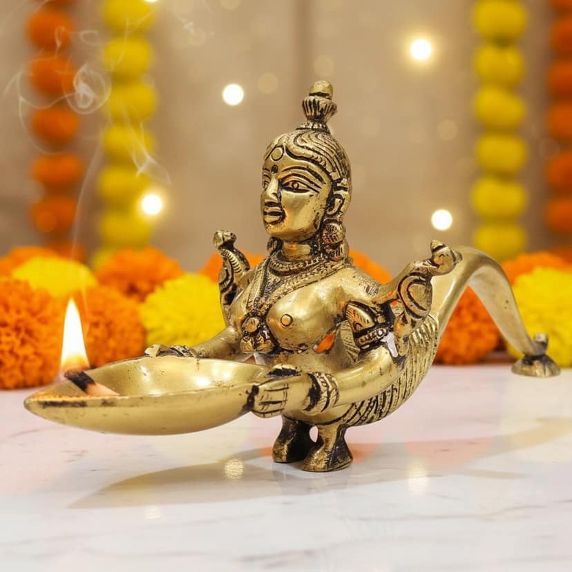 Brass Snake Lady Deepak Idol | Designer Diya Home Decor, Height : 4.5 Inch (BSMAS1357 C)