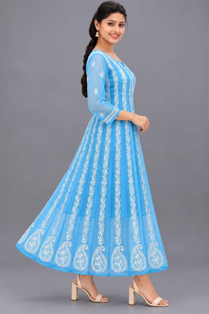 Mrs Right Women’s Lucknowi Chikankari Anarkali Kurta in Soft Georgette | Handcrafted Floral Embroidery | 3/4 Sleeves | 45 Inch Length | 74 Inch Flare | Festive Ethnic Wear view 3