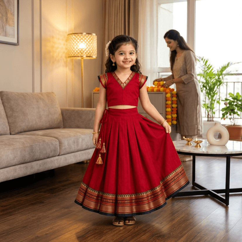 Mom and Me Girls’ Lehenga Choli/Parker Polka/Pattu Pavadai (0 Months–6 Years) | Acrylic Cotton with Soft Cotton Lining | V-Neck, Short Puff Sleeves, Zipper Closure (Red, 4-5 Y) view 3