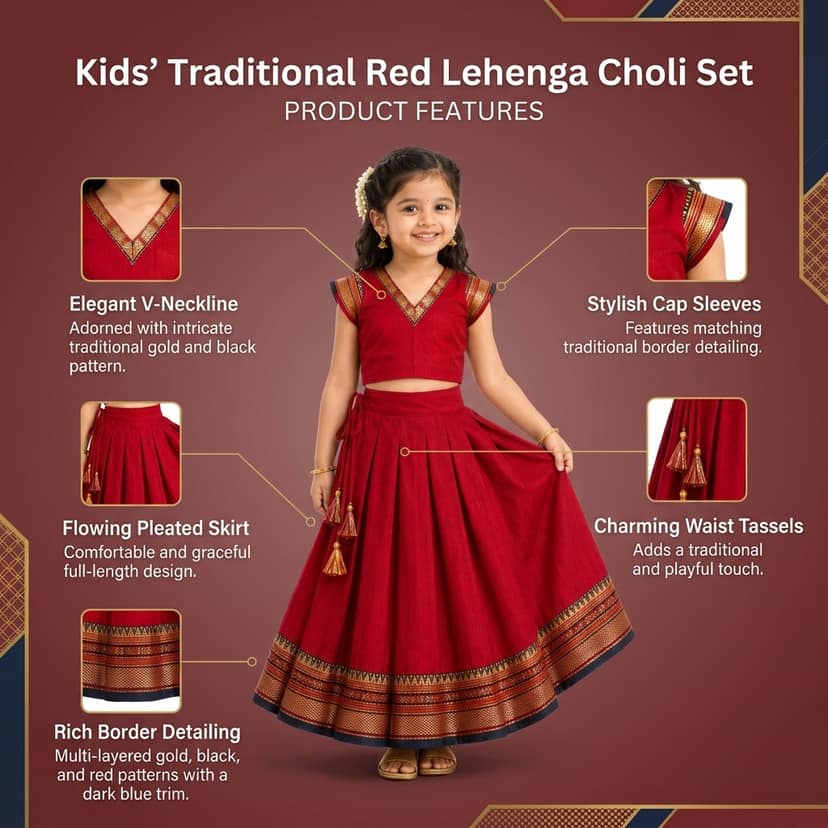 Mom and Me Girls’ Lehenga Choli/Parker Polka/Pattu Pavadai (0 Months–6 Years) | Acrylic Cotton with Soft Cotton Lining | V-Neck, Short Puff Sleeves, Zipper Closure (Red, 4-5 Y) view 4