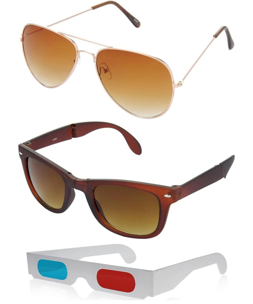 HRINKAR Pilot And Rectangular Stylish Sunglasses For Men And Women (Brown And Brown Lens | Gold And Brown Frame - HCMB007) With Free Paper 3D Glass