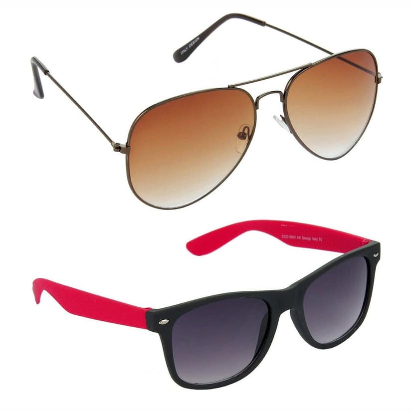 HRINKAR Men Women Boys & Girls Pilot Sunglasses Brown & Red Frame, Brown & Grey Lens (Medium) Pack of - 2