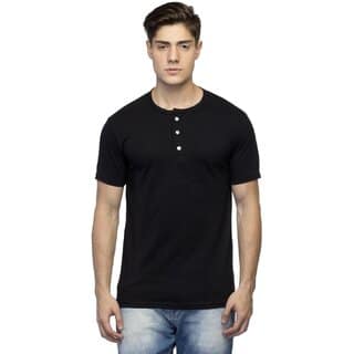 No Brand Mens Black Solid 100% Cotton Henley T-Shirt