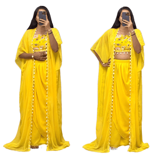 Yellow Indowestern Readymade Indian Skirt Blouse And Shrug For Wedding Lehenga Choli