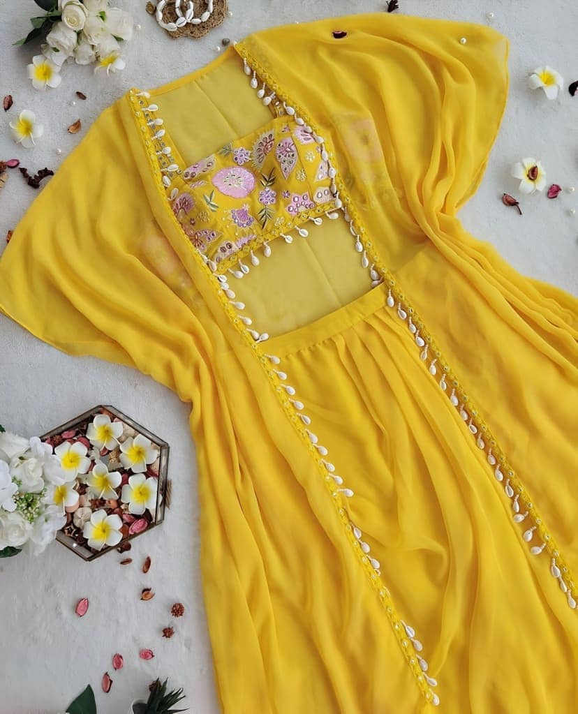 Yellow Indowestern Readymade Indian Skirt Blouse And Shrug For Wedding Lehenga Choli view 9