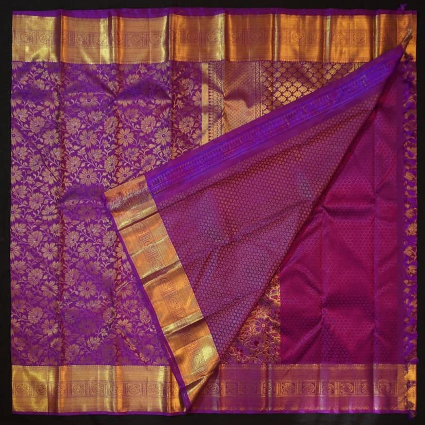 Violet Floral Bridal Kanchipuram Handloom Silk Saree - Vivaaha Silks view 5