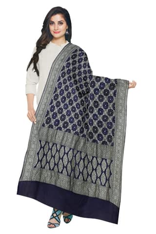 Garvi Gurjari (A Gujarat Govt Enterprise Navy Blue Georgette Handwoven Neemzari Bandhani Dupatta(GGCGBD03)