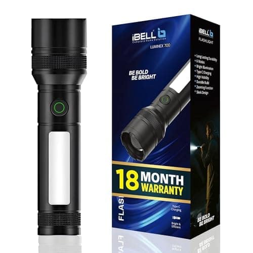 IBELL LUMINEX 700 Rechargeable Torch Light High Power, 6 Light Modes, Telescopic Zoom, Type C Charging, LED Flashlight, Super Bright & Long Distance Range, for Home, Outdoor & Emergency Use (Black) view 2