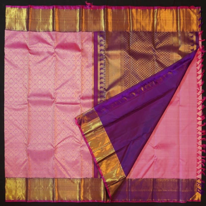 Exquisite Pink and Purple Border Bridal Kanchipuram Handloom Silk Saree - Vivaaha Silks view 5