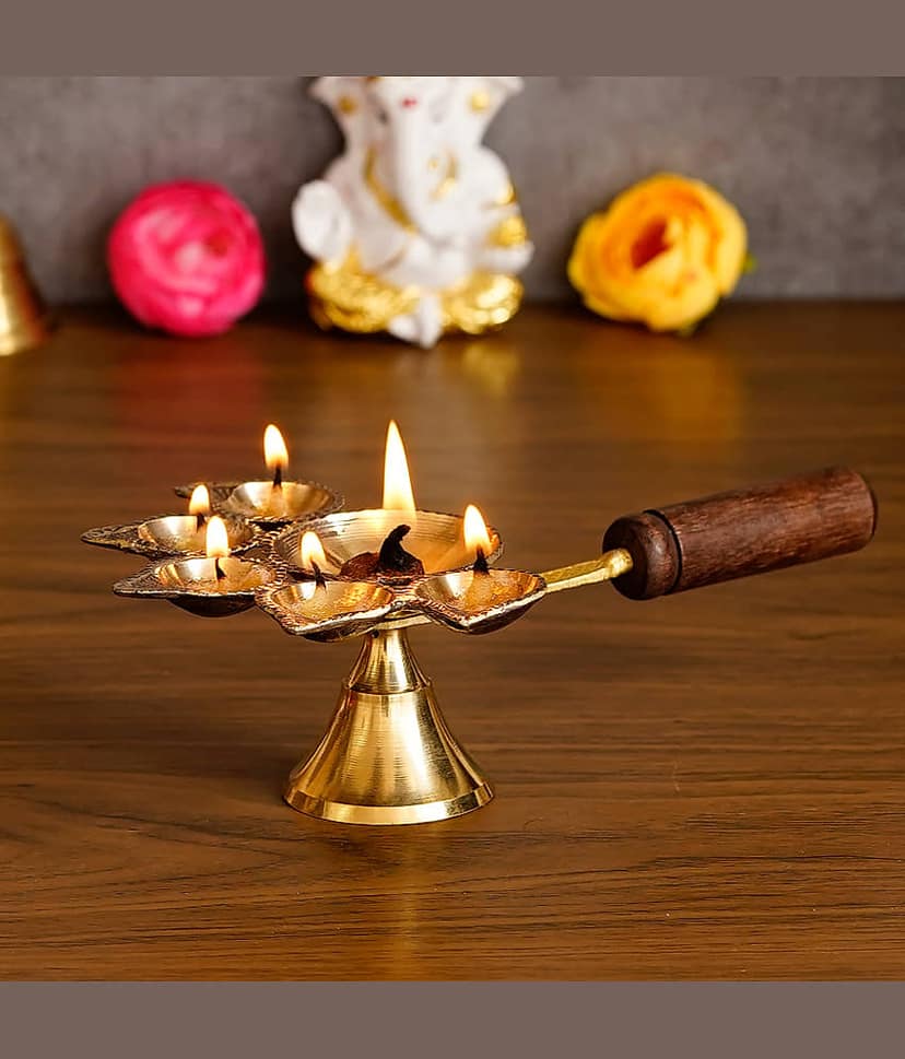 eCraftIndia Brown & Gold Brass Panchdeep Diya With Wooden Handle view 2