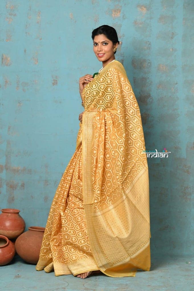 Tejaswi ~ Exclusive High Quality Handloom Banarasi Cotton Saree with Beautiful Abstract Print- Sunset Yellow view 2