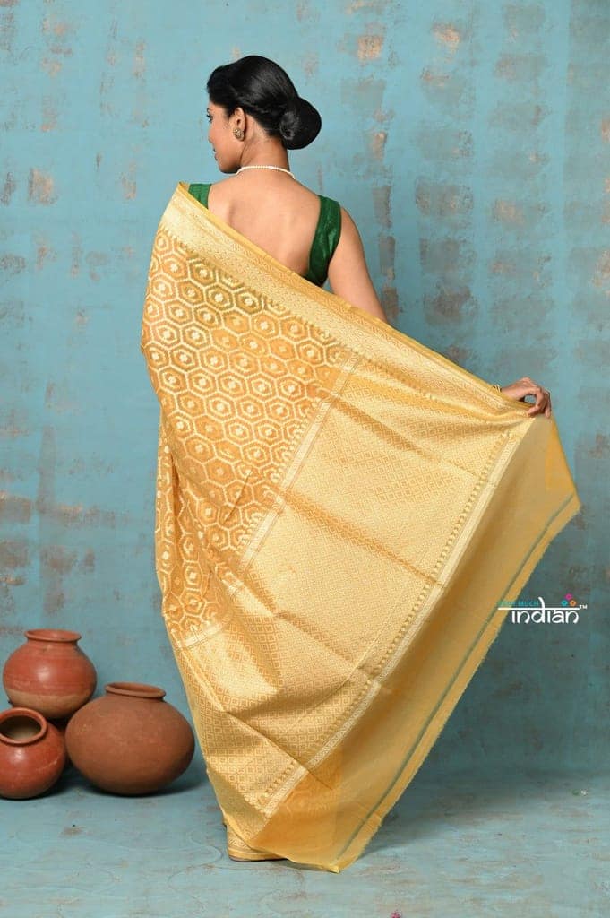 Tejaswi ~ Exclusive High Quality Handloom Banarasi Cotton Saree with Beautiful Abstract Print- Sunset Yellow view 3