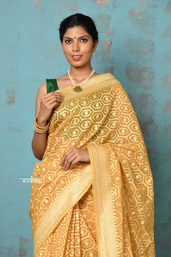 Tejaswi ~ Exclusive High Quality Handloom Banarasi Cotton Saree with Beautiful Abstract Print- Sunset Yellow view 4