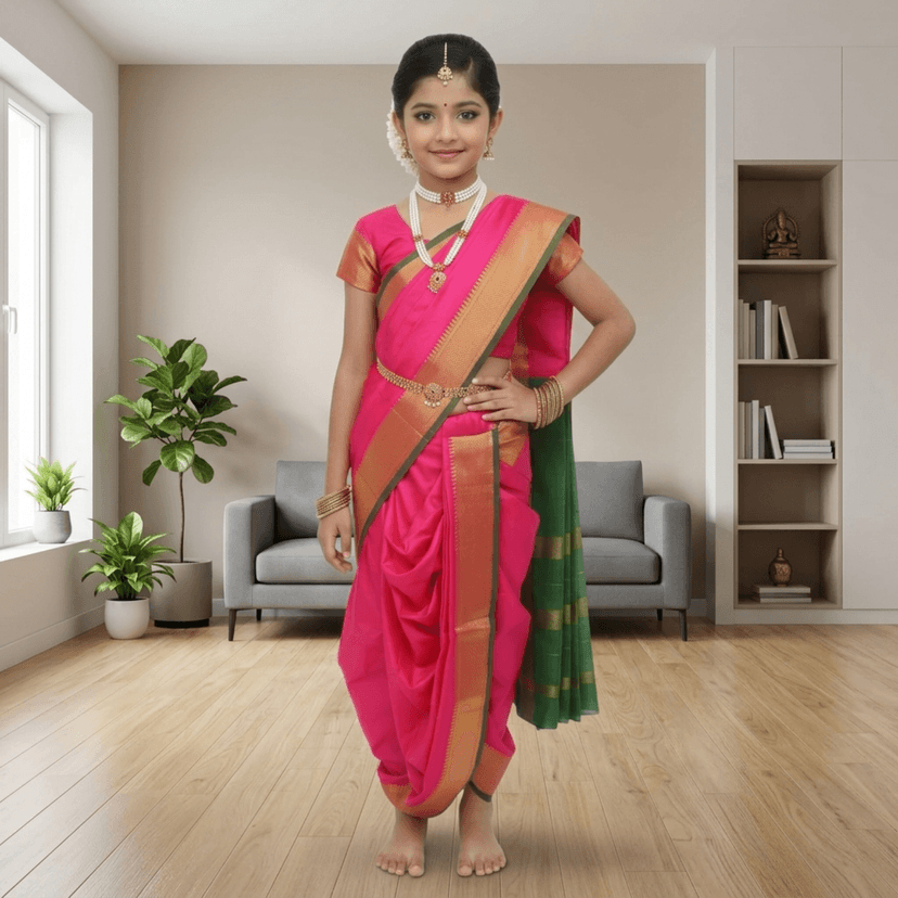 Mom and Me Peshwai Nauwari Saree for Kids (1–10 Years) Ready to Wear Maharashtrian Traditional Dress | Belgaon Silk with Cotton Lining | Stitched Blouse Included (Pink, 13-14 Years) view 3