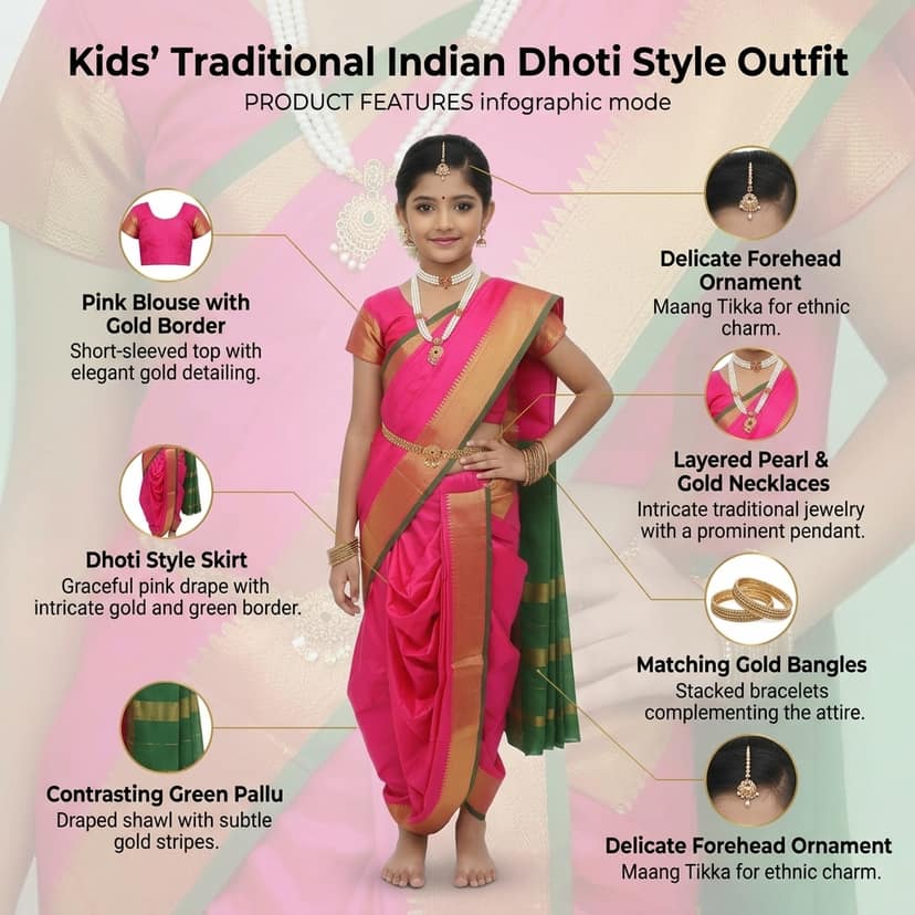 Mom and Me Peshwai Nauwari Saree for Kids (1–10 Years) Ready to Wear Maharashtrian Traditional Dress | Belgaon Silk with Cotton Lining | Stitched Blouse Included (Pink, 13-14 Years) view 4