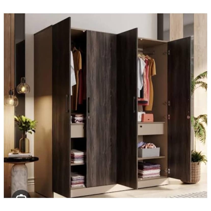 Wood 4 Door Wardrobe (Finish Color - Frappe & Wyoming Maple with Shelves, Drawers, Partition & Hanging Spaces, Mirror Included, Knock Down)