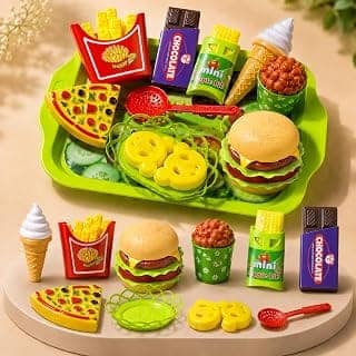 VikriDA DIY Burger Fast Food Play Set for Kids|Pretend Play Food Toy with Burger Pizza Fries Ice Cream & Accessories|Educational Role Play Kitchen Toy for Boys & Girls Age 3+